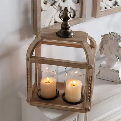 Wood Carved Candle Holders Pillar Glass Candle Lanterns Holder