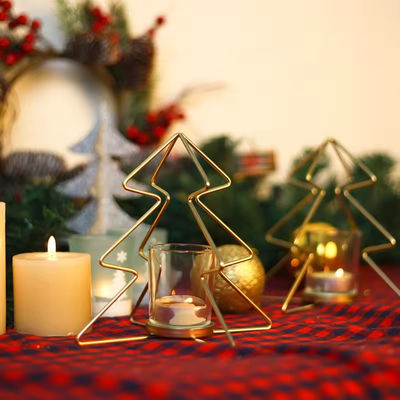 Christmas Tree Iron Tealight Candle Gold Candlesticks With Glass