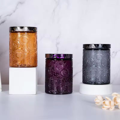 8.5cm X 12cm 500ml Empty Straight Round Embossed Glass Candle Jars With Screw Colorful Metal Lid