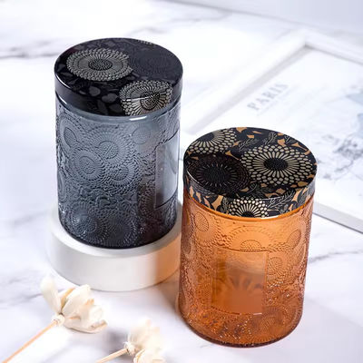 8.5cm X 12cm 500ml Empty Straight Round Embossed Glass Candle Jars With Screw Colorful Metal Lid