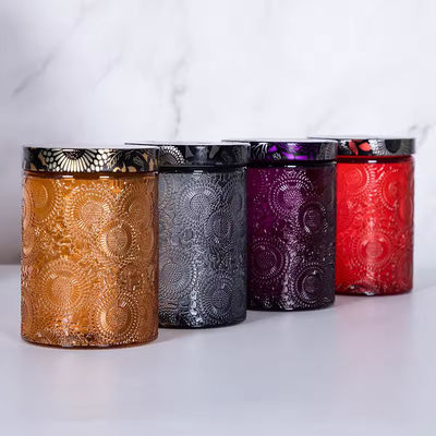 8.5cm X 12cm 500ml Empty Straight Round Embossed Glass Candle Jars With Screw Colorful Metal Lid