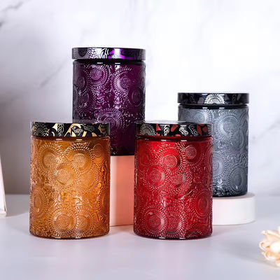8.5cm X 12cm 500ml Empty Straight Round Embossed Glass Candle Jars With Screw Colorful Metal Lid