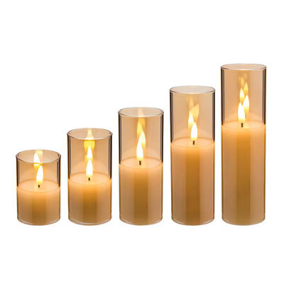 3D Real Flame Home Decoration Pillar Remote Control Golden Glass LED Candles