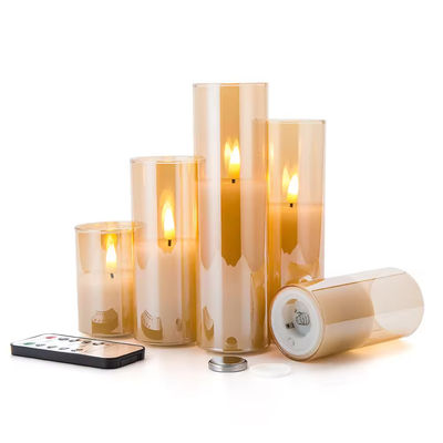 3D Real Flame Home Decoration Pillar Remote Control Golden Glass LED Candles