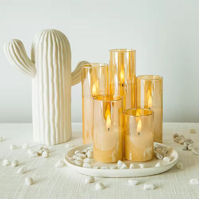 3D Real Flame Home Decoration Pillar Remote Control Golden Glass LED Candles