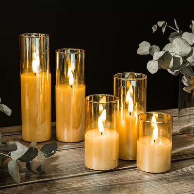 3D Real Flame Home Decoration Pillar Remote Control Golden Glass LED Candles