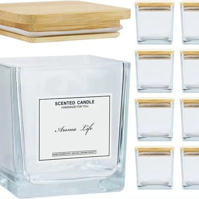 Scented Empty Glass Candle Jars With Custom Lid Applique Glossy Square Glass Bottle