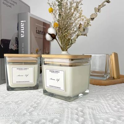 Scented Empty Glass Candle Jars With Custom Lid Applique Glossy Square Glass Bottle