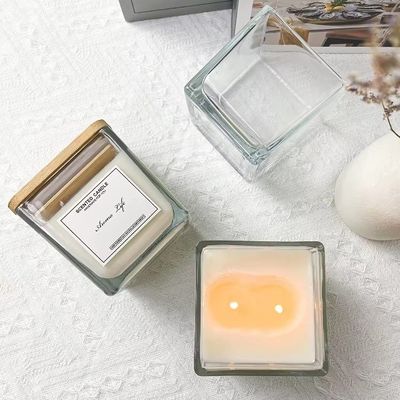 Scented Empty Glass Candle Jars With Custom Lid Applique Glossy Square Glass Bottle