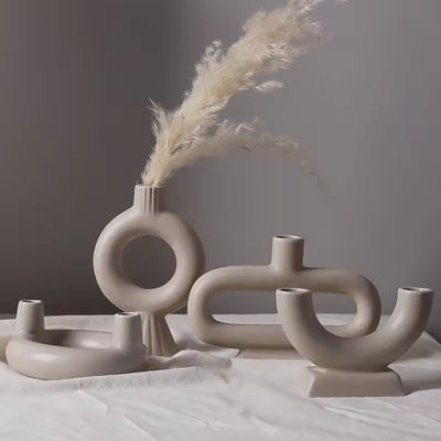Unique Round Candlestick Ornament Display Modern Wedding Double Tube Ceramic Candle Container