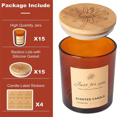 6oz Amber Candle Jars With Bamboo Wooden Lids And Sticky Labels Empty Glass For Making Candles