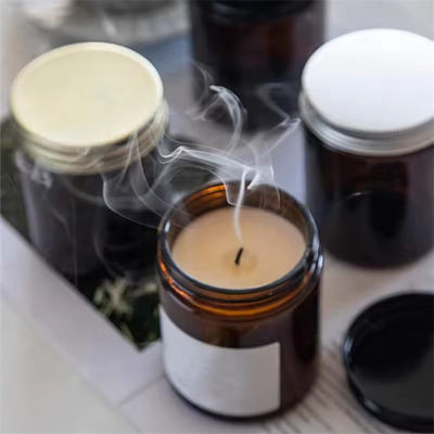 Decorative Apothecary Round Empty 200ml 300ml 400ml 16oz Matte Amber Glass Candle Jar With Wooden Lids