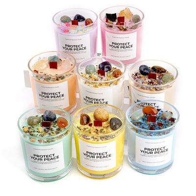 Glass Jar Scented Candle Wooden Wick and Healing Crystals for Aroma Therapy